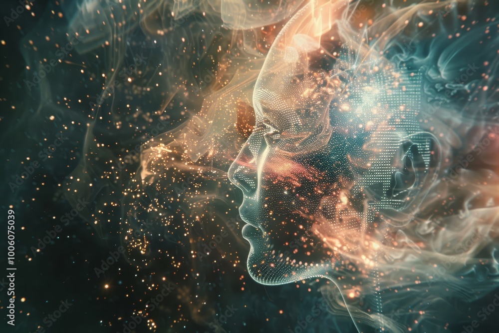 Poster exploring the depths of consciousness through a mesmerizing blend of digital art and cosmic elements