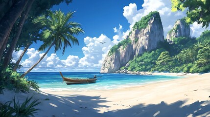 Naklejka premium Tranquil Tropical Beach Scene with Palm Trees, Cliffs, and a Boat.