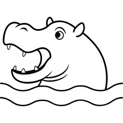 Artistic Vector of a Hippopotamus Lying Half Submerged in Water with Its Mouth Wide Open
