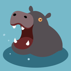 Half Submerged Hippopotamus in Water Vector Art Featuring a Wide Open Mouth
