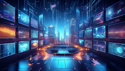 Futuristic Digital Content Streaming and Social Networking Concept with Video Screens and Blockchain Technology for NFTs