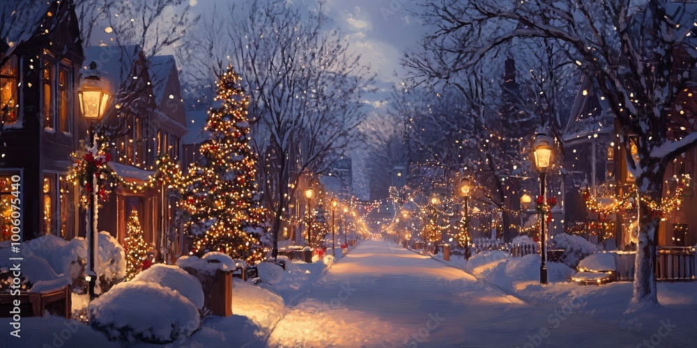 Poster Realistic painting of a snowy street scene with festive holiday lights and decorations.