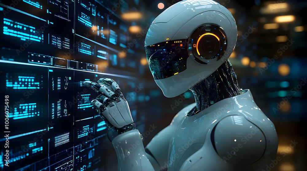 Poster robot interacting with digital interface - futuristic technology
