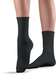 Mockup of high, long black socks on women's legs, png, front view