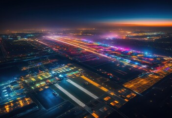 Fototapeta premium stunning night aerial view showcasing vibrant airport runway lights illuminating dark sky, illumination, travel, landscape, urban, glow, traffic, aviation