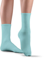 Mockup of high, long blue socks on women's legs, png, front view