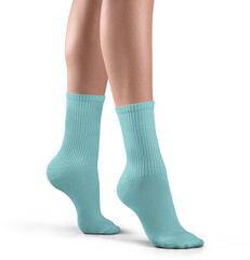 Mockup of high, long blue socks on women's legs, png, side view