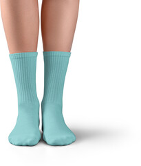 Mockup of high, long blue socks on women's legs, png, front view