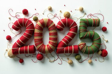 Number (digit) 2025 represents the happy year 2025 in a minimalist style, the digits are 3D-rendered from wool threads of red, gold and green colors, on the digits are patterns in the New Year style