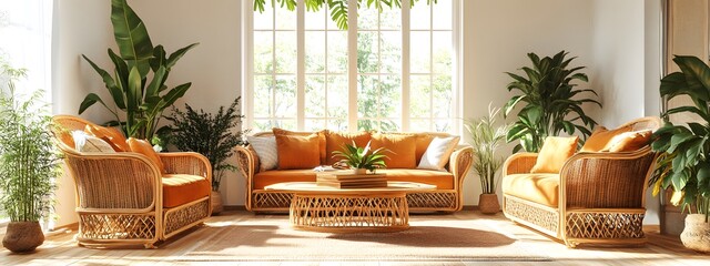 A living room decorated in the Japandi style, featuring natural wood furniture and soft pastel colors with accents of bright orange and yellow