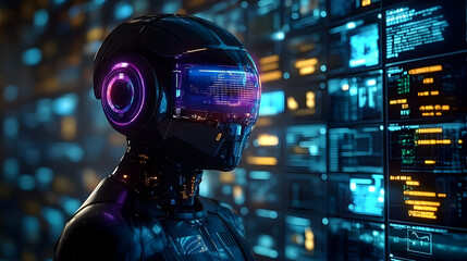 Futuristic Robot with Glowing Lights  in a Cybernetic World