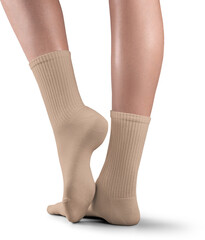 Mockup of high, long tan, nude, beige socks on women's legs, png, side view