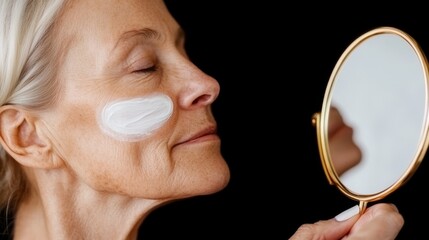 2409_059.a side profile of a woman enjoying a gentle face massage with an anti-aging roller while looking into a vintage mirror, capturing the essence of self-care and relaxation