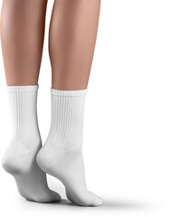 Mockup of high, long white socks on women's legs, png, side view