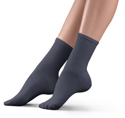 Mockup of high, long dark socks on women's legs, png, side view
