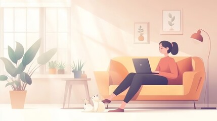 Joyful individual engaged in laptop work within a cozy and inviting atmosphere, depicted in a modern vector illustration suitable for website banners, promotional posters, and design templates.