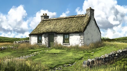 Obraz premium Quaint Thatched Cottage in a Rolling Green Landscape.