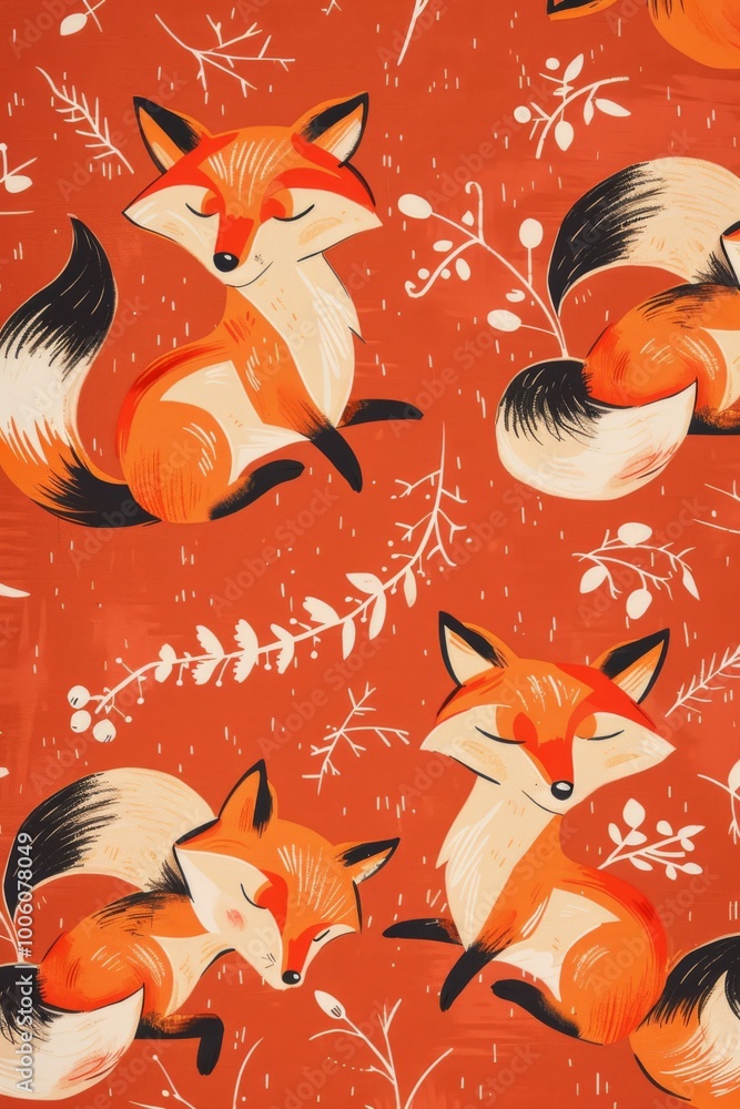 Poster a red and orange fox patterned fabric with a fox sleeping on it. the foxes are all different sizes a