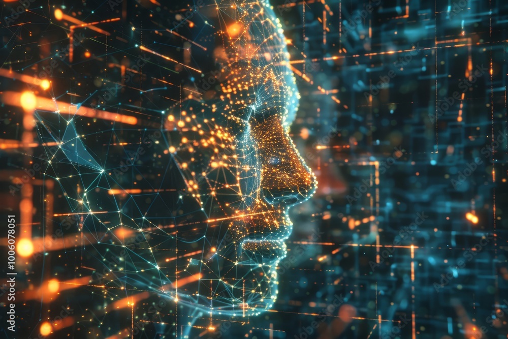 Poster this captivating visual features a profile of a human face formed by glowing data points and lines