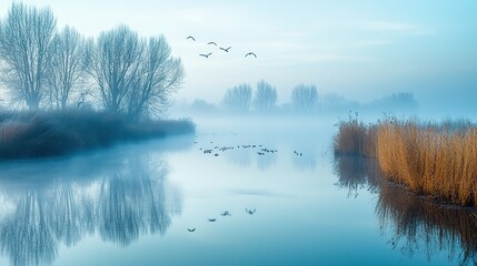 Tranquil Lake Reflection with Fog and Birds