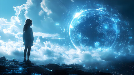 A Young Girl Gazes at a Digital Globe in the Clouds