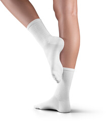 Mockup of high, long white socks on women's legs, png, side view