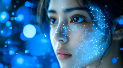 Digital Art: Woman with Glowing Blue Lines on Face in Bokeh Background