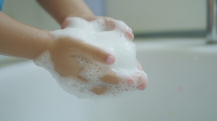 2409_090.a bright kitchen sink scene where a child is washing their hands with mild soap, showcasing the product's safety and effectiveness, with soap suds playfully forming in the background