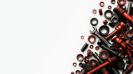 Fototapeta premium Industrial template, mix of cylinders, bolts and nuts, wrench on light background. Copy space. Generative AI