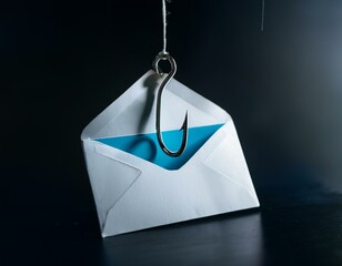 Phishing Awareness Conceptual Image of a Fishing Hook Disguised as an Email Icon, Warning About Online Scams and Fraudulent Emails, Dark and Cautionary Atmosphere