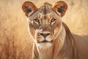 Obraz premium Close-up of a lioness in a natural habitat setting.