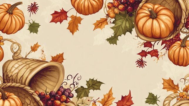 Seamless design of pumpkins and cornucopias on a beige background.