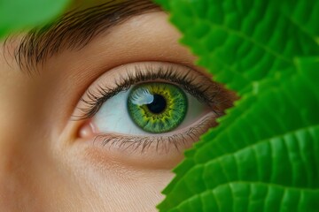 Obraz premium Woman's eye is green and has green eyelashes. The eye is surrounded by green leaves. Eye watching through green leaf, of the pupil and eyeball, macro, woman connect to nature, environment protection