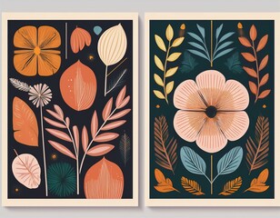 retro mid century modern poster set, boho  illustration, minimalist design with abstract flower, geometric shapes and leaves ornament, A3 prints and backgrounds