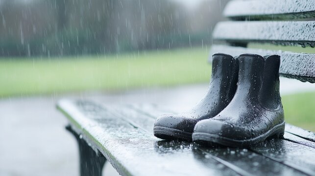2409_130.an environmental shot of a rainy day outdoors, with a pair of wet shoes and socks deliberately placed on a park bench, suggesting the unnoticed issues of prolonged moisture