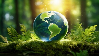 Stunning Earth Day Design with Glowing Earth Amidst Lush Greenery and Light Particles, Emphasizing Environmental Conservation and Natural Beauty