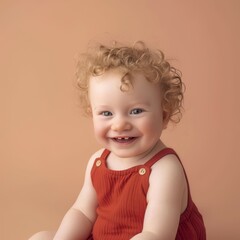 Naklejka premium Adorable smiling toddler with curly golden hair in a cute outfit sitting against a soft peach background