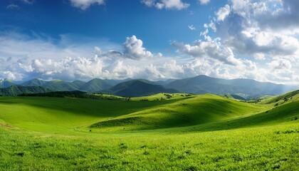 Obraz premium Sunny Day Panorama of a Lush Green Grass Field with Rolling Hills, Mountains, and Dramatic Clouds, Ideal for Natural Landscape Backgrounds and Relaxing Environment Themes