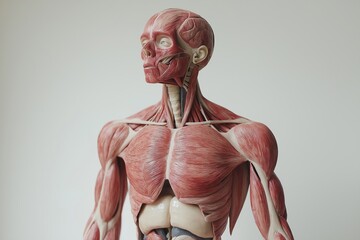 Man's body is shown in detail, with muscles, bones clearly visible. Human anatomy model on white background. Part of human body model with organ system. Human muscle model. Medical education concept.
