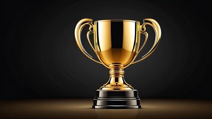 Vector golden trophy cup with reflective surface, centered on a dark background, representing sports tournament success and honor