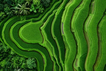 Fototapeta premium Terraced rice fields are areas of rice cultivation on hillsides or mountains that are divided into terraces, perfect for designs related to nature, agriculture, rural life, or cultural tourism.