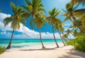 Obraz premium dreamy coastal escape featuring lush palm trees crystal blue waters soft sandy beaches under clear skies, coastline, ocean, sky, waves, sun, light, horizon