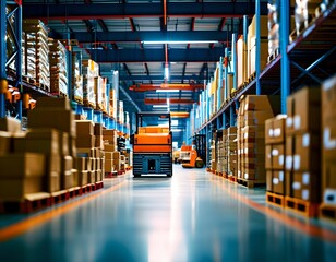 A bustling warehouse distribution center, while automated systems sort boxes in the background