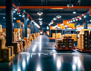 A bustling warehouse distribution center, while automated systems sort boxes in the background