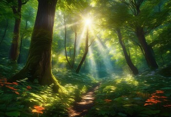 Obraz premium enchanting forest landscape featuring vibrant foliage textures lush greenery picturesque natural setting, canopy, trees, woods, sunlight, leaves, plants