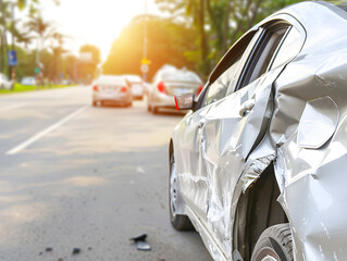 damaged silver car with dents and cracks from accident is parked on road, surrounded by other vehicles. sunlight creates warm atmosphere, highlighting cars condition