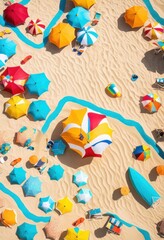 colorful beach gear beautifully arranged bright sand under clear sky enhancing summer vibes vibrancy coastal environment, umbrella, towel, sunglasses