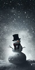 Silhouette of a snowman with a scarf and hat against a dark, snowy sky.