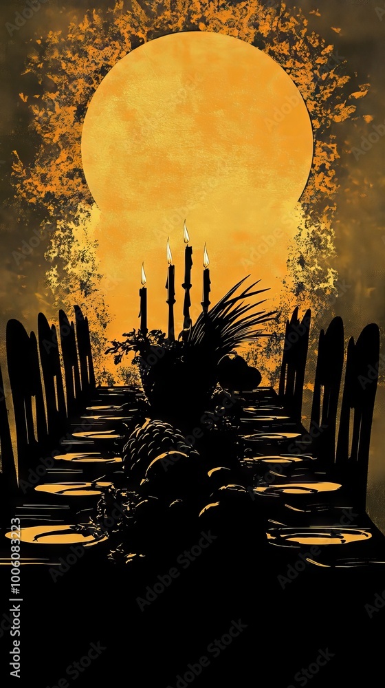Poster a table with candles and a moon in the background