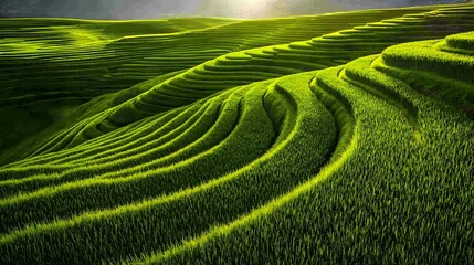 Fototapeta premium Terraced rice fields are areas of rice cultivation on hillsides or mountains that are divided into terraces, perfect for designs related to nature, agriculture, rural life, or cultural tourism.
